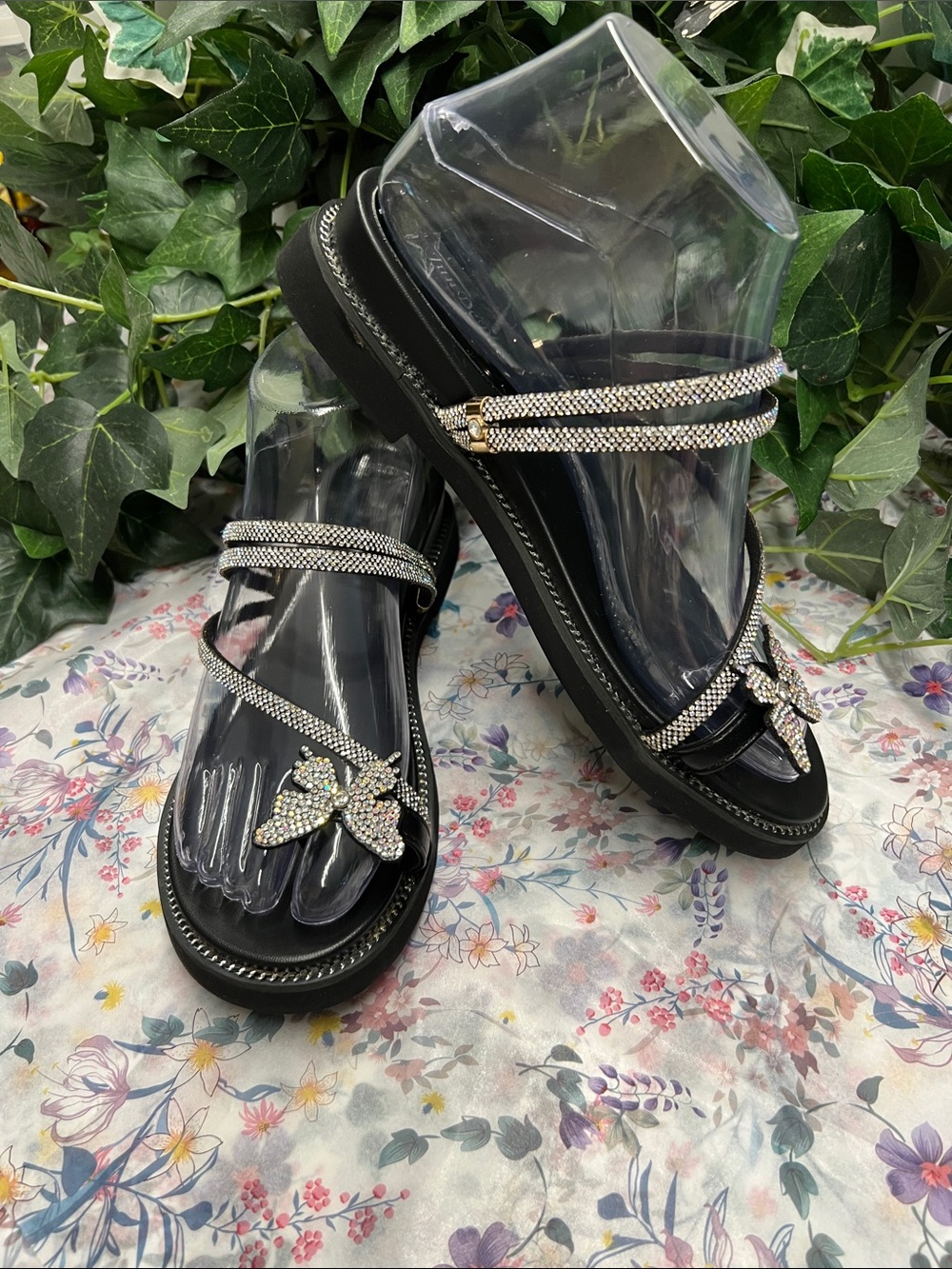NWT-Crystal Butterfly Black Strap Sandals - Women size 7